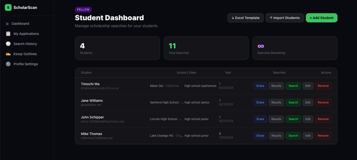 ScholarScan advisor dashboard showing a caseload of students with per-student scholarship search.